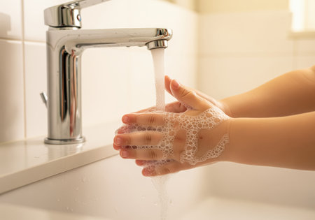 Child hands covered in soap bubbles under running water from a modern chrome faucet in a clean bathroom sink. emphasizes hygiene, cleanliness, and germ prevention.の素材