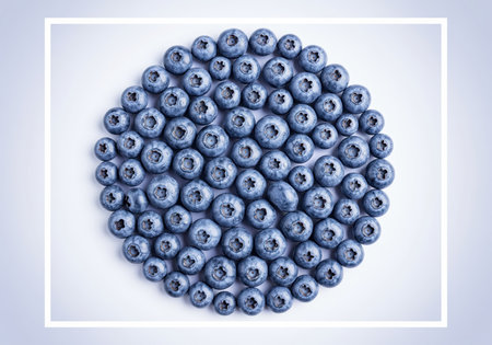 Pristine, uniform, glistening blueberries are meticulously arranged in a perfect circular pattern, showcasing freshness and healthy eating. ideal for food, nutrition, and wellness concepts.の素材