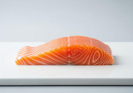 Vibrant orange raw salmon fillet, perfectly prepared and fresh, resting on a clean white surface. ideal for healthy cooking, sushi, or sashimi dishes.の素材
