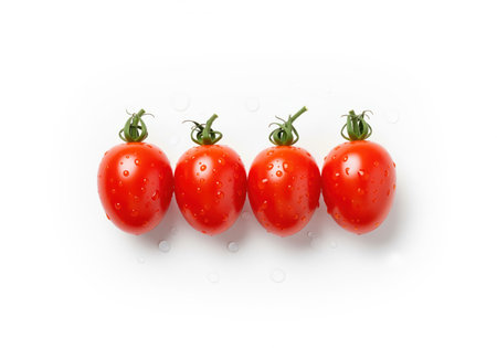 Four vibrant red grape tomatoes, fresh and clean with glistening water droplets, neatly aligned on a pristine white surface. healthy, organic produce.の素材