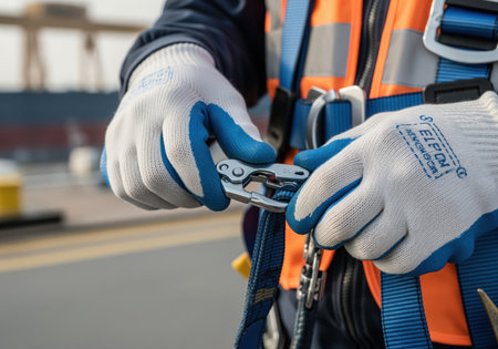 A close up shot shows a worker gloved hands meticulously securing a metal safety hook to a blue harness strap, emphasizing workplace safety procedures.の素材