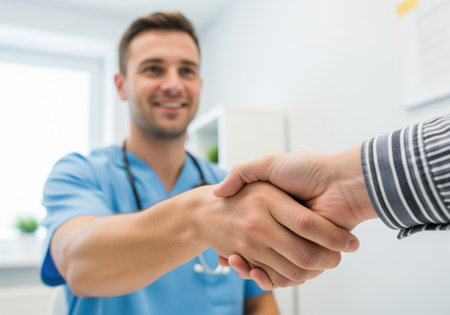 A cordial handshake between a male healthcare professional and a patient, symbolizing trust and professional care. this positive interaction is ideal for healthcare communication.の素材