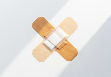 Two tan adhesive bandages are crossed over each other, symbolizing first aid, healing, and medical care. this image is suitable for health and wellness concepts.の素材