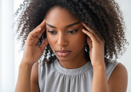 A close up portrait of a young african american woman with curly hair, holding her temples with a pensive or stressed expression. this image conveys feelings of worry, deep thought, or discomfort.の素材
