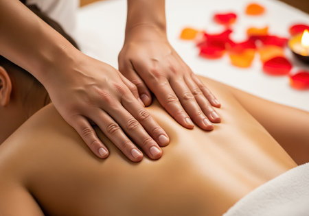 A close up view captures skilled hands performing a soothing back massage on a person bare skin. this image conveys relaxation, wellness, and therapeutic care, ideal for spa and health promotions.の素材