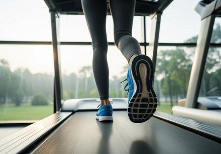 Close up, low angle shot of a woman legs and blue athletic shoes as she runs on a treadmill. ideal for themes of fitness, exercise, and healthy living.の素材