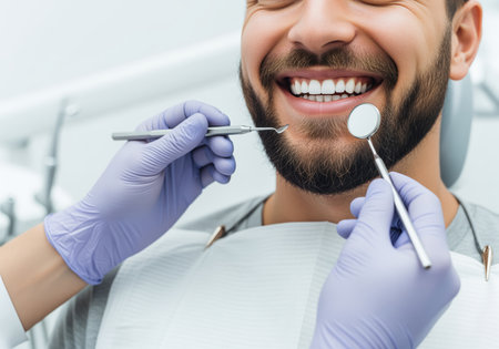 A happy man with a beard smiles confidently while a dentist examines his healthy white teeth with a mirror and probe during a routine checkup, promoting oral hygiene.の素材