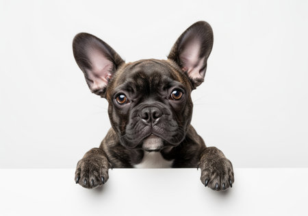 A charming brindle french bulldog puppy with big ears peeks playfully over a white surface, looking directly at the viewer with curious eyes. this adorable pet image is perfect for various commercial uses.の素材