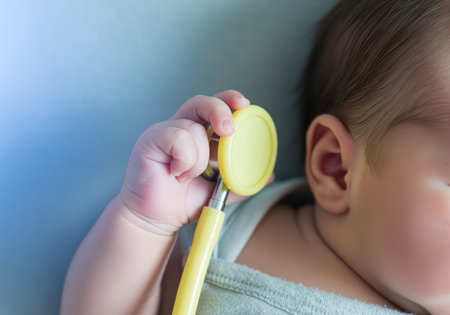 A heartwarming close up of a newborn baby delicate hand holding a bright yellow stethoscope, illustrating early health and pediatric care concepts.の素材