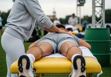 An athlete receives a therapeutic back massage from a therapist on a portable table outdoors. this image depicts recovery and preparation for a sports event, emphasizing physical wellness and care.の素材