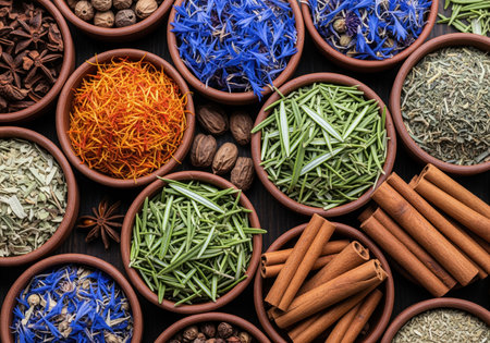 A vibrant flat lay showcases an artful arrangement of various dried herbs, spices, and botanicals in small terracotta bowls, ideal for cooking, remedies, or aromatherapy.の素材