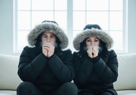 A young couple dressed in heavy winter coats with fur hoods sits indoors, visibly cold and blowing warm breath into their cupped hands to stay warm. this image conveys the feeling of a harsh winter or a home with a broken heater.の素材