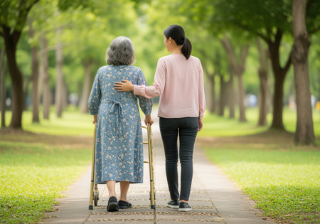 A compassionate young woman provides support to an elderly senior using a walker, walking together on a paved path in a serene park setting. this image conveys care and companionship.の素材