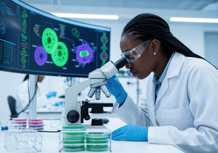 A focused african female scientist in a lab coat and safety goggles uses a microscope in a modern research facility. digital data is displayed on a large screen, highlighting scientific discovery and innovation.の素材