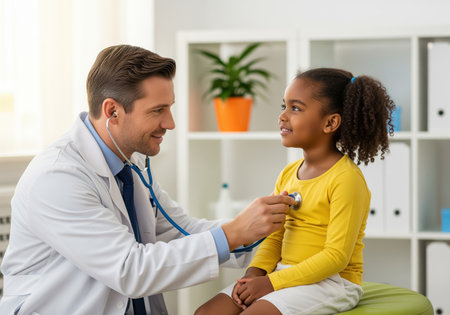 A caring male doctor uses a stethoscope to examine a cheerful young african american girl during a routine checkup. this image conveys trust and positive healthcare experiences for children.の素材