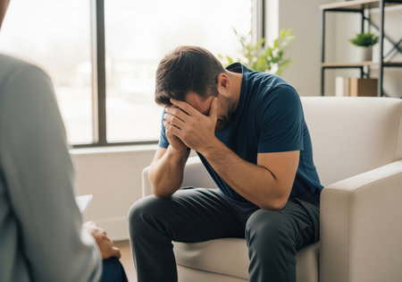 A man sits on a couch, covering his face with his hands, showing signs of profound emotional distress during a counseling session. this image illustrates mental health challenges and the need for support.の素材