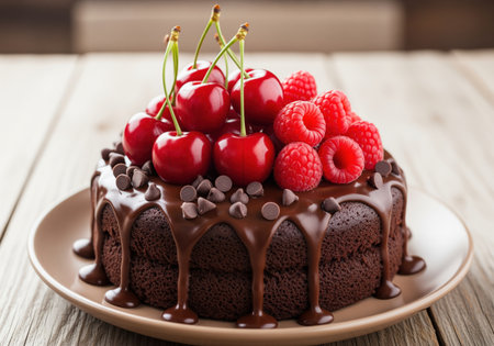 A rich chocolate cake is generously topped with fresh red cherries, ripe raspberries, and decadent chocolate drizzle, creating an irresistible dessert perfect for celebrations or sweet cravings.の素材