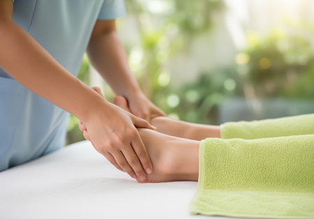 Close up of a professional masseuse giving a soothing foot massage to a client in a tranquil spa environment. emphasizes relaxation and wellness.の素材