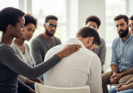 A diverse group of people attending a support session, with a woman comforting an upset man by placing her hand on his shoulder, showing empathy and care.の素材