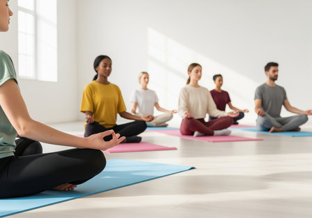 A diverse group of adults practices meditation in a bright, minimalist yoga studio, fostering mindfulness and inner peace. this scene depicts wellness and spiritual well being.の素材