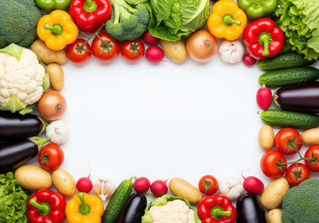 A top down view of a colorful assortment of fresh, raw vegetables arranged to form a rectangular frame. ideal for healthy eating, cooking, or grocery store themes.の素材