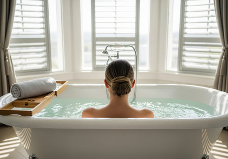 A peaceful moment captured from behind a woman relaxing in a luxurious clawfoot bathtub, emphasizing self care, wellness, and tranquility in a bright setting.の素材