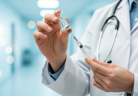 A doctor hands, wearing a lab coat, are shown preparing an injection by drawing liquid from a medicine vial into a syringe. this image can be used for healthcare, vaccination, or medical treatment concepts.の素材
