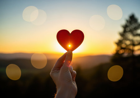 A human hand gently holds a vibrant red heart shape, with the sun rays illuminating its center. this image evokes feelings of love, compassion, and warmth, suitable for various emotional concepts.の素材