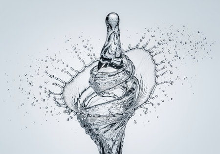 A dynamic water splash captured in high speed, showcasing intricate spiraling liquid motion with numerous droplets scattering. ideal for themes of freshness, purity, and energy.の素材