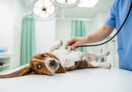 A veterinarian uses a stethoscope to check a cute basset hound puppy lying on its back on an examination table. this image captures a moment of pet care and veterinary medicine.の素材