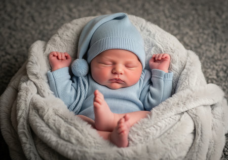 A serene newborn baby boy slumbers peacefully on his back, dressed in a cozy blue hat and bodysuit, nestled warmly in a soft grey blanket. this tender moment evokes feelings of innocence and new beginnings.の素材