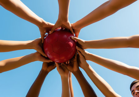 Multiple hands of different skin tones collectively holding a red ball, illustrating concepts of teamwork, diversity, and shared goals in sports.の素材