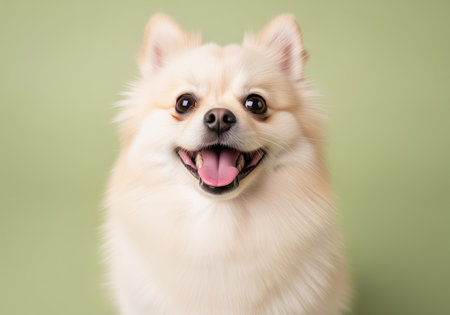 A delightful cream colored pomeranian dog with fluffy fur smiles directly at the camera in a cheerful studio portrait. this happy pet image is perfect for various commercial uses.の素材