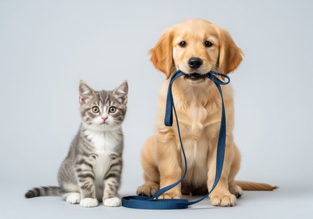A charming golden retriever puppy holds a blue leash in its mouth while sitting next to a curious grey tabby kitten. this heartwarming scene captures the bond between two young pets, perfect for animal themed content.の素材