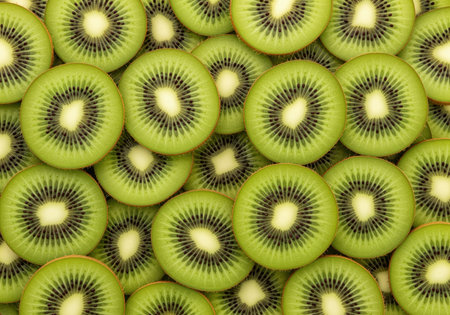 A vibrant, dense background pattern of numerous freshly sliced kiwi fruit, showcasing their bright green flesh and tiny black seeds. ideal for healthy eating, fruit, or summer themes.の素材