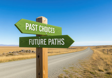 A wooden signpost at a rural crossroads directs travelers towards past choices and future paths, symbolizing life important decisions and directions.の素材