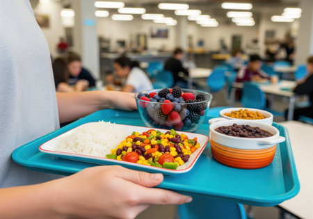 A close up of hands holding a vibrant blue tray with a balanced and healthy meal, including white rice, colorful mixed vegetables, black beans, and fresh berries, served in a cafeteria.の素材