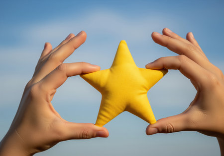 A close up view of two hands gently cradling a soft yellow star, representing concepts of quality, excellence, and positive feedback. ideal for motivational content.の素材