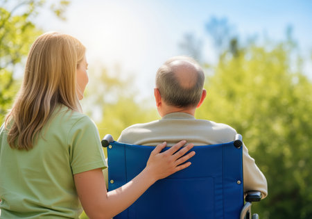 A young woman gently places her hand on the shoulder of an elderly man in a wheelchair, offering support and companionship outdoors. this image conveys themes of care, aging, and well being.の素材