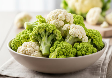 A close up of fresh white cauliflower and vibrant green romanesco broccoli florets piled in a bowl, ready for cooking or healthy eating.の素材