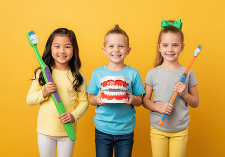 Three cheerful children, two girls and a boy, happily display dental hygiene tools, including large toothbrushes and a teeth model, promoting oral care.の素材