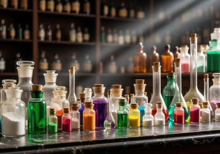 An array of vintage apothecary bottles and chemistry flasks filled with colorful liquids and powders, evoking a historic pharmacy or laboratory setting. ideal for themes of science, medicine, and history.の素材