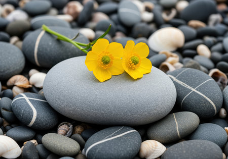 Two vibrant yellow buttercup flowers gently rest on a smooth, oval grey stone, surrounded by dark beach pebbles and seashells. this serene image conveys tranquility and natural beauty.の素材