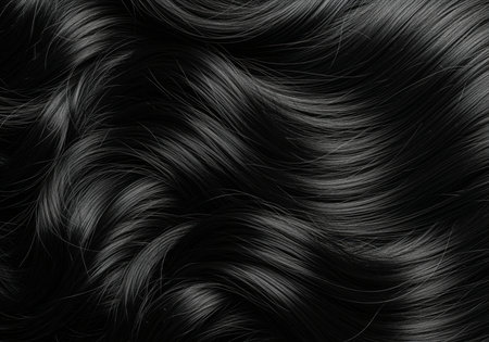 An extreme close up captures the luscious detail of deep black, healthy, shiny hair. the hair forms elegant, flowing waves, perfect for beauty and care concepts.の素材