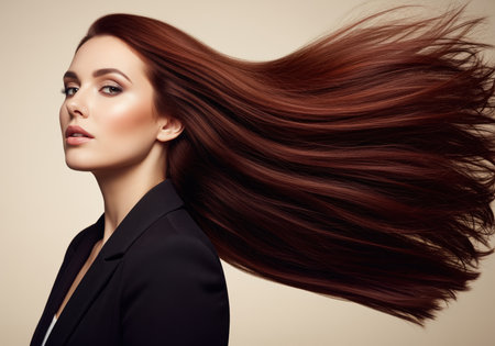 A captivating portrait of an elegant woman with long, vibrant auburn hair flowing dynamically. she wears a stylish black blazer, exuding confidence and beauty, ideal for fashion and beauty concepts.の素材