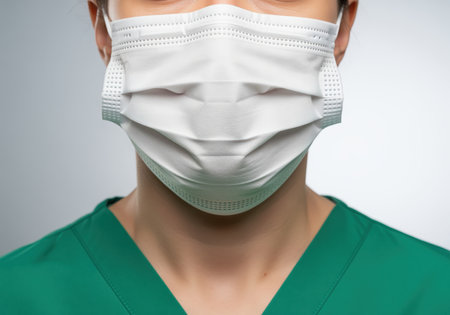 A close up shot of a medical professional wearing a white disposable face mask and green scrubs, highlighting personal protective equipment for healthcare, safety, and public health.の素材