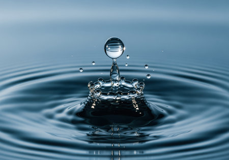 A single water droplet impacts a calm surface, forming an intricate crown splash and radiating concentric ripples. this dynamic moment captures purity and motion, ideal for themes of freshness or impact.の素材