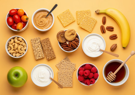 An appealing overhead flat lay presents a colorful selection of healthy snack foods. this includes fresh fruits, various nuts, creamy yogurt, and wholesome spreads, ideal for balanced nutrition.の素材
