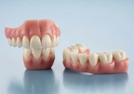 Close up of expertly fabricated full upper and lower dental bridges, showcasing their realistic appearance and potential for oral health restoration.の素材