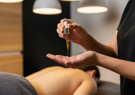 A close up shot captures an aromatherapy session where natural essential oil is carefully dripped from a dropper onto a person palm, preparing for a relaxing spa massage.の素材